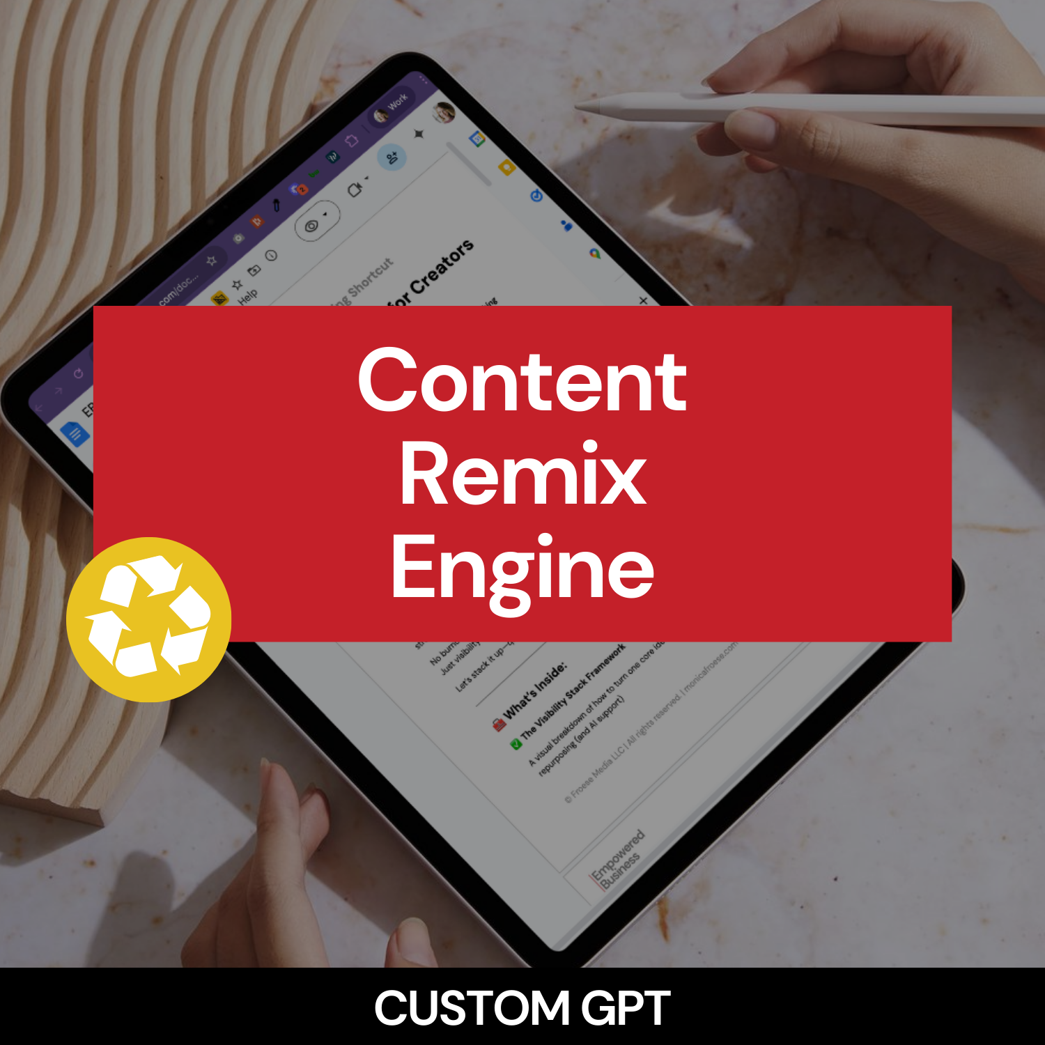 Tablet with 'Content Remix Engine' text on a blurred background