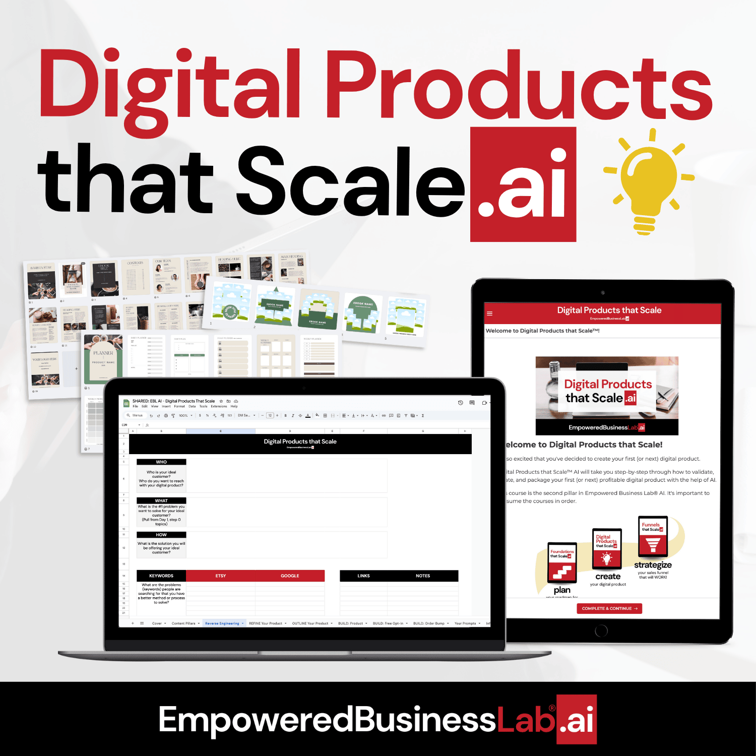 Digital Products That Scale AI mockup create high-converting digital products with a proven system faster and easier with the help of AI