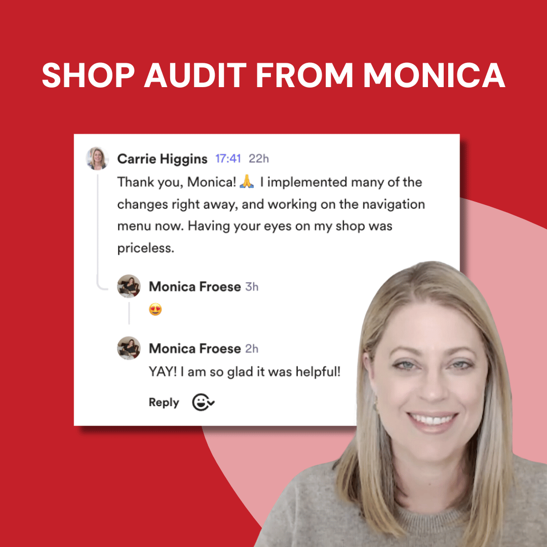 Woman with a smile on a red background with text about a shop audit from Monica.
