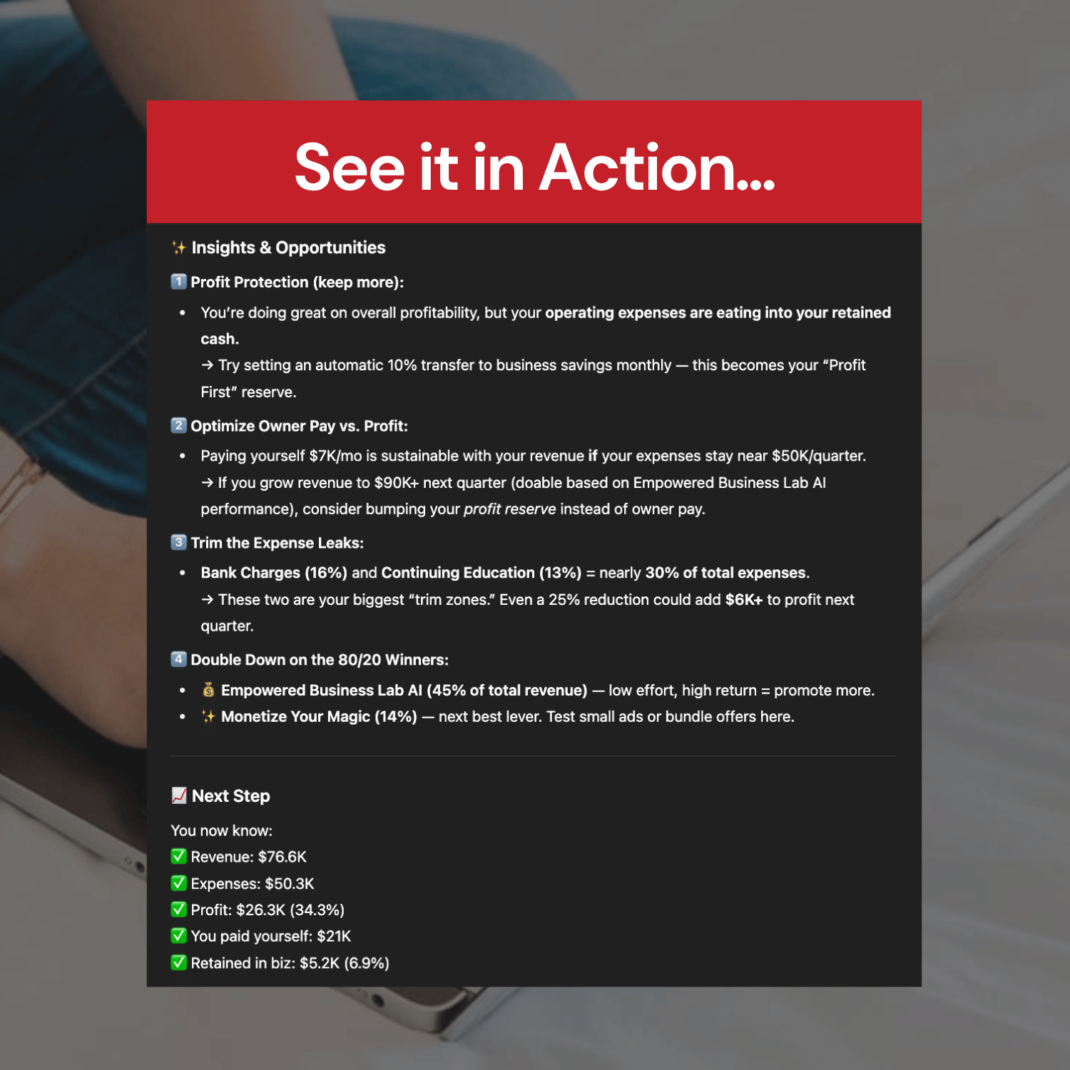 Screen with financial insights and action steps on a blurred background