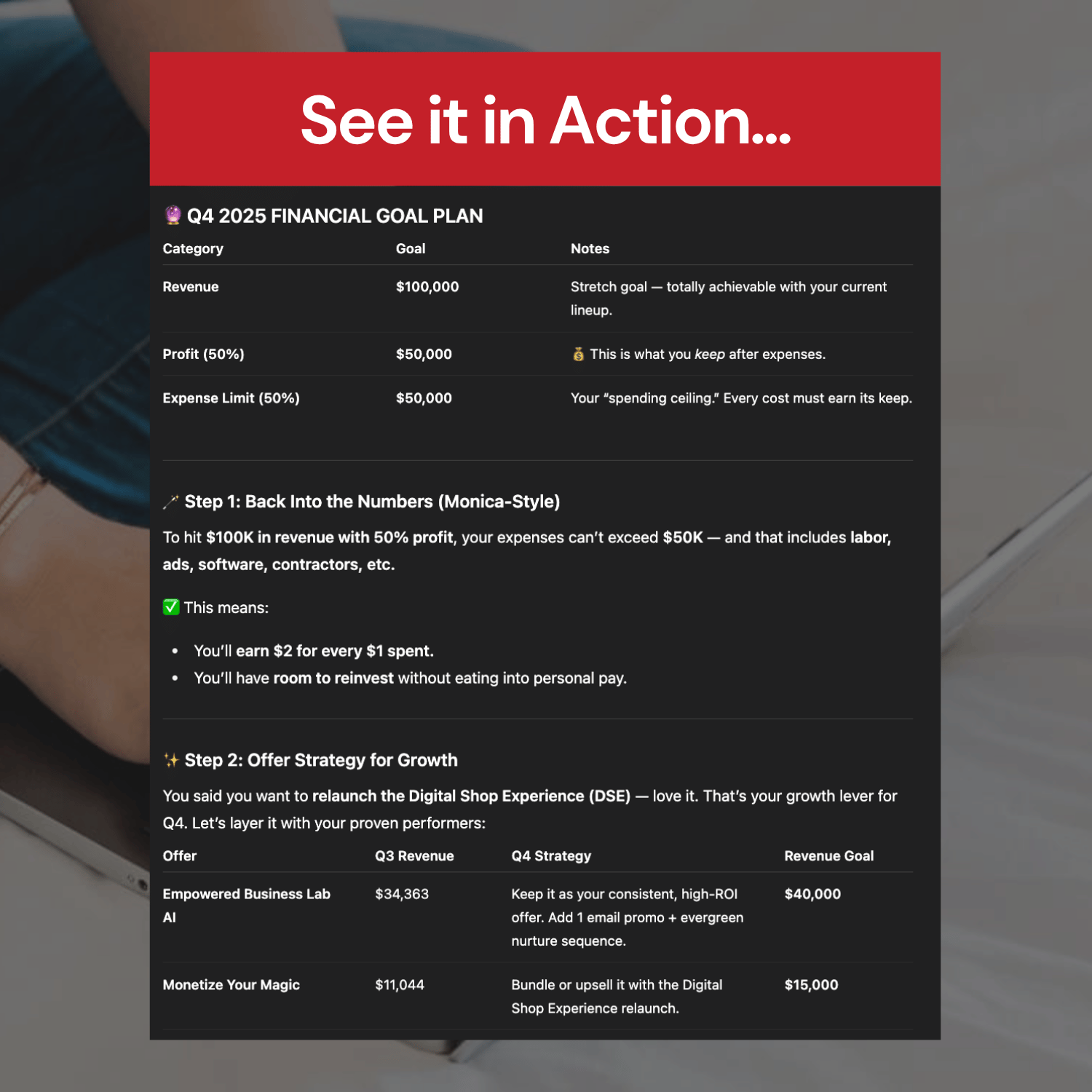 Financial goal plan document with red header and black background