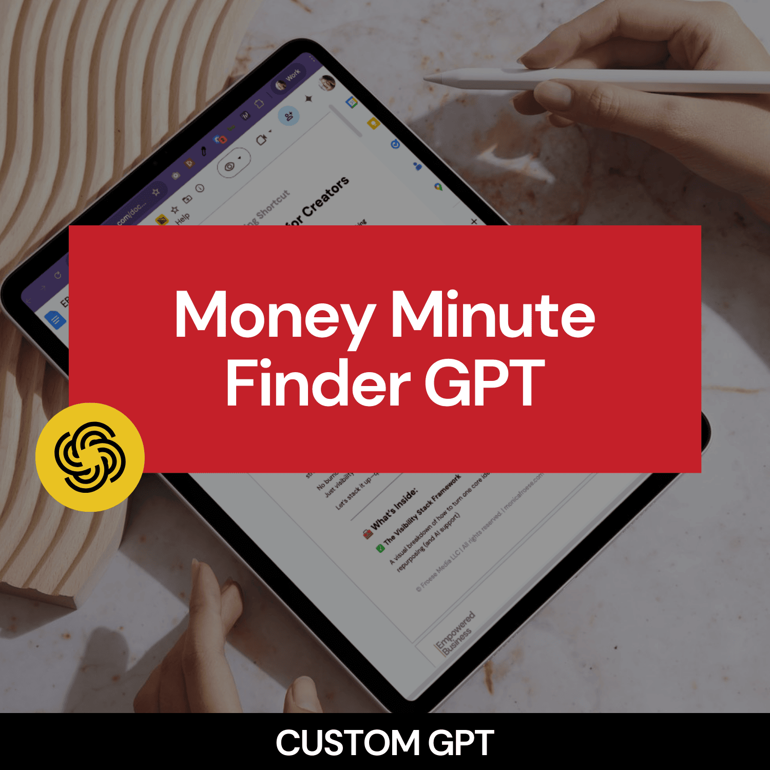Person using a tablet with 'Money Minute Finder GPT' text overlay on a blurred background