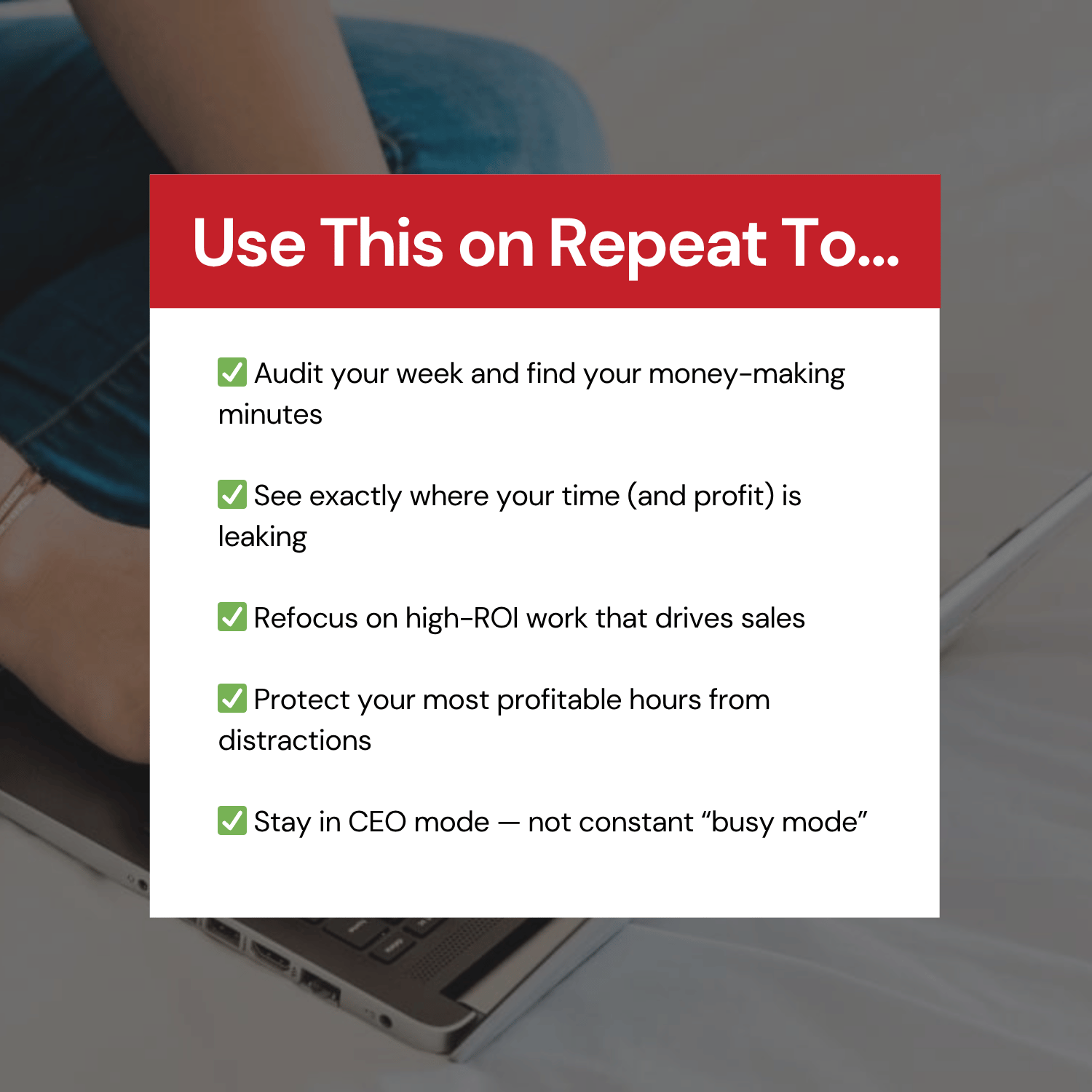 Text overlay with productivity tips on a blurred background of a person using a laptop.