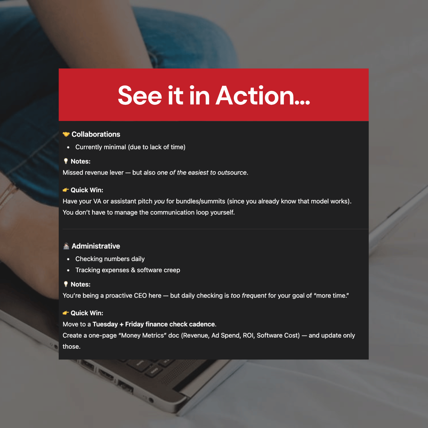 Text overlay on a blurred background of a person using a laptop.