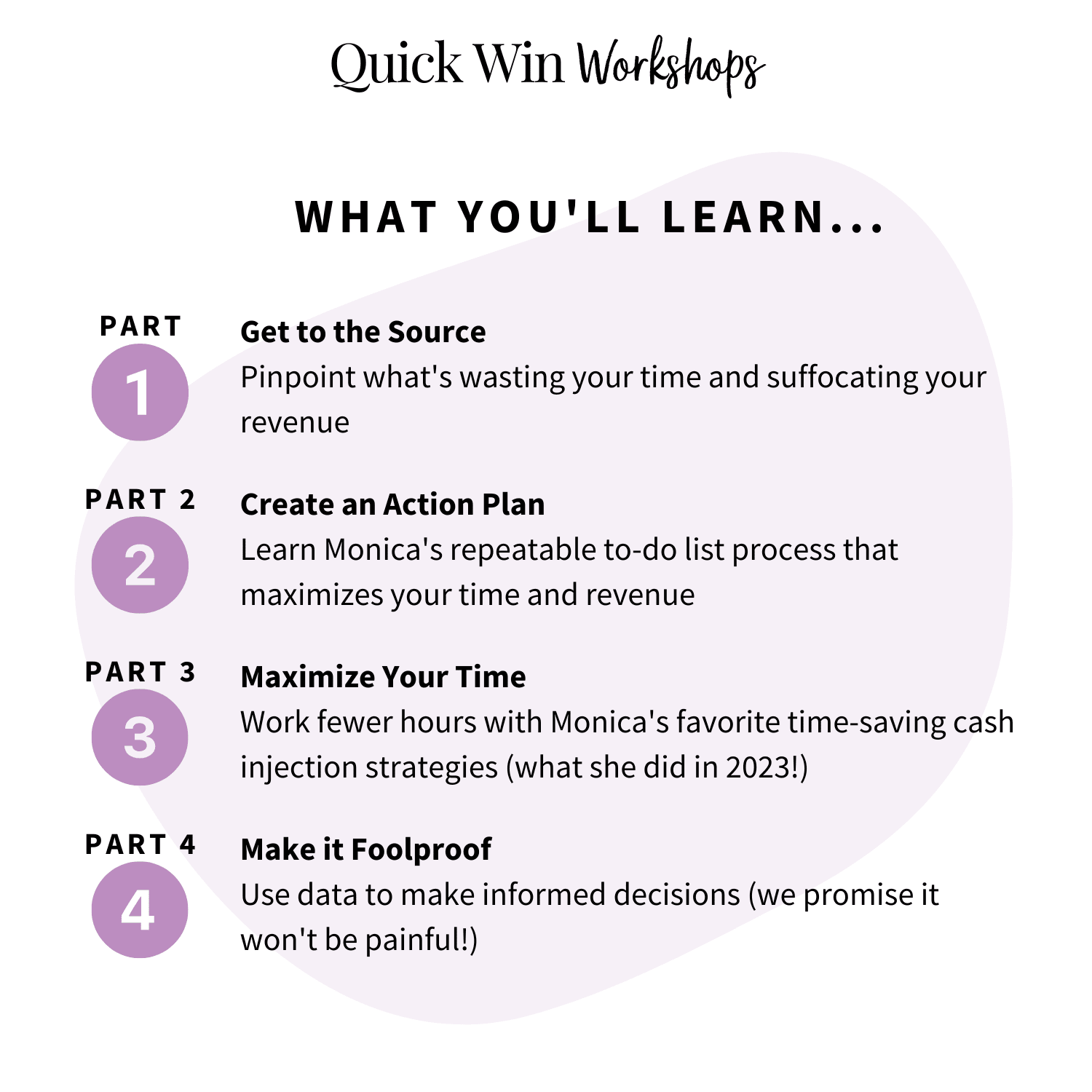 What you'll learn in Quick Win Workshop: How to Stop Wasting Time and Find Money Making Minutes