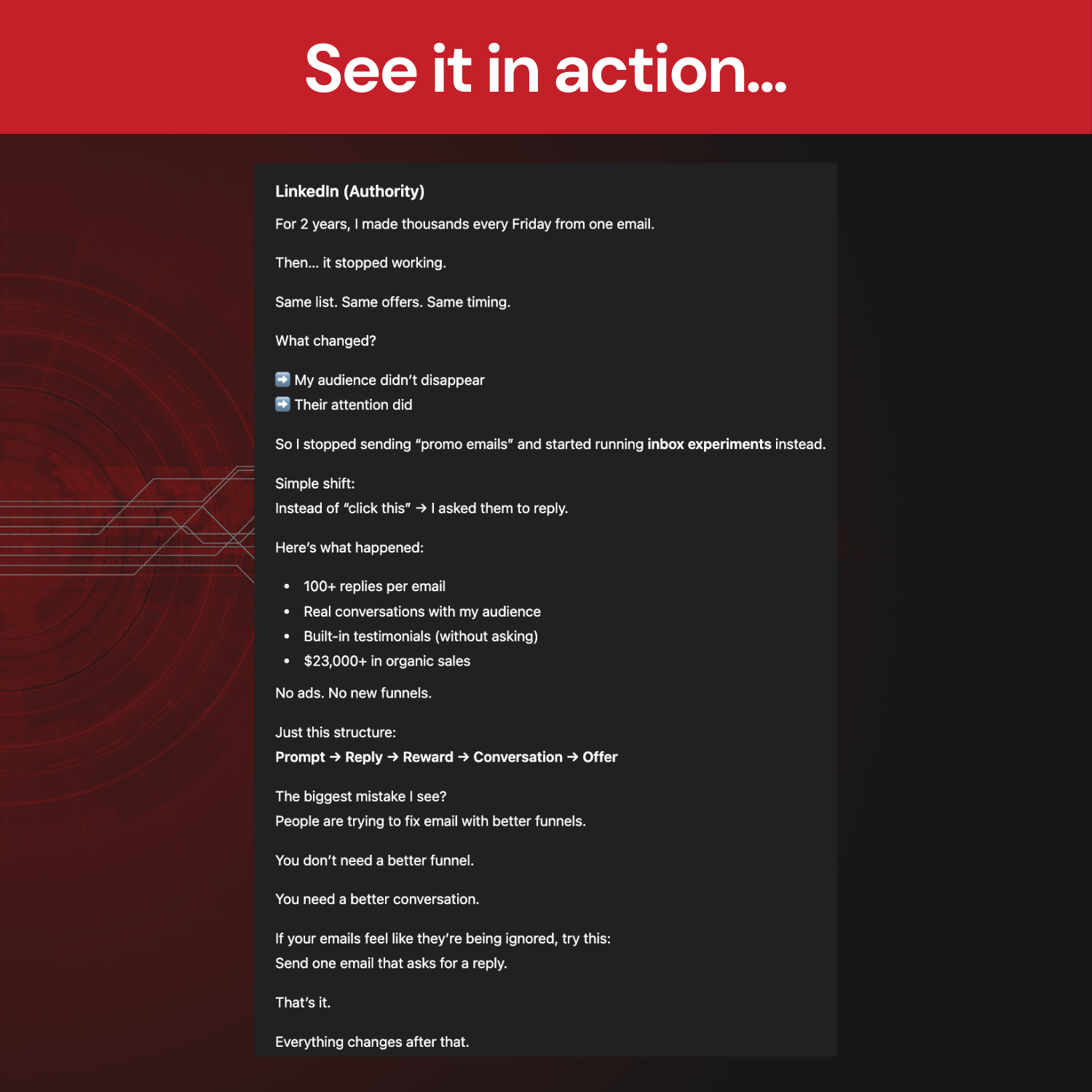 Text on a black background with red top and bottom sections, titled 'See it in action...'.