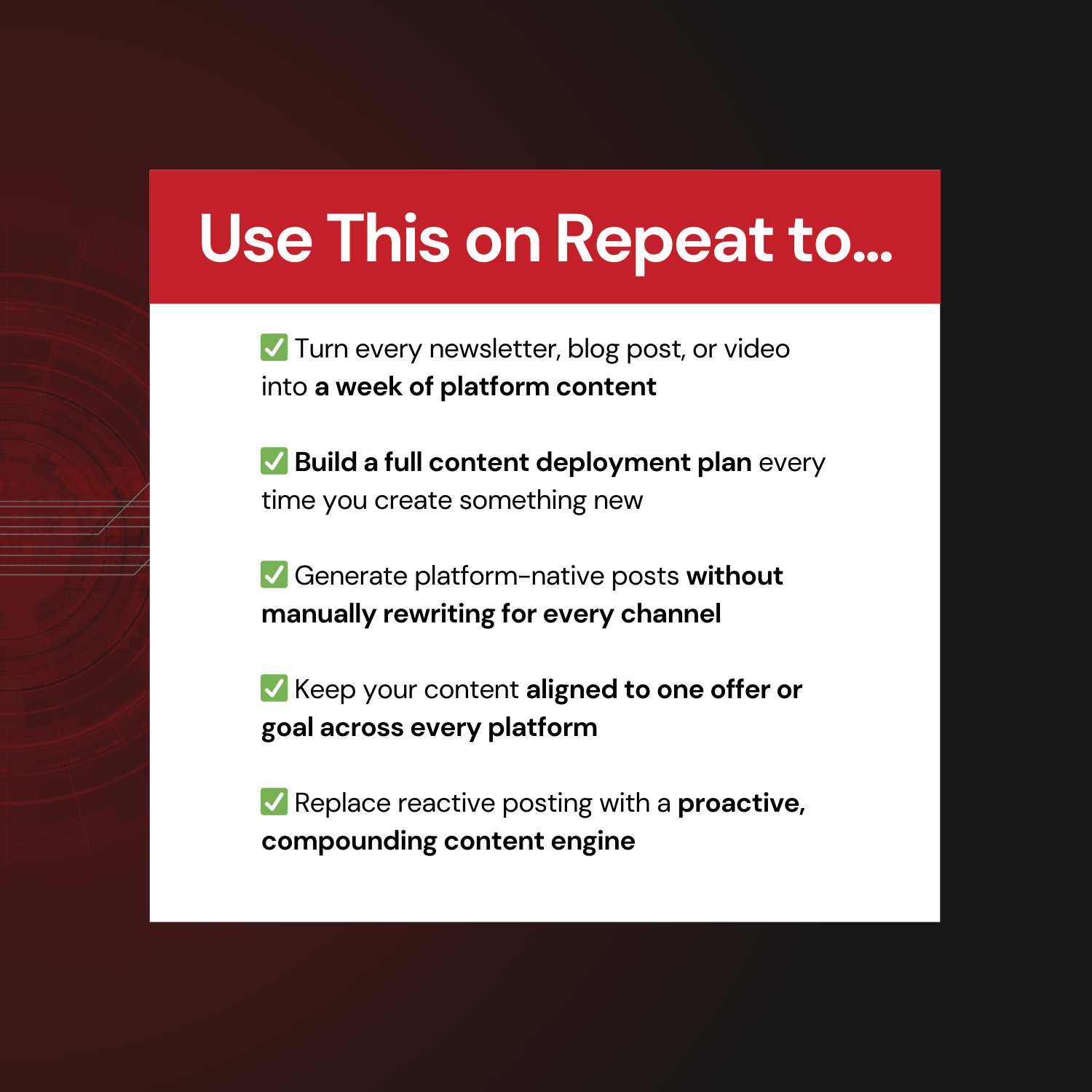 Red and white rectangular card with "Use this on repeat" text on a dark red background
