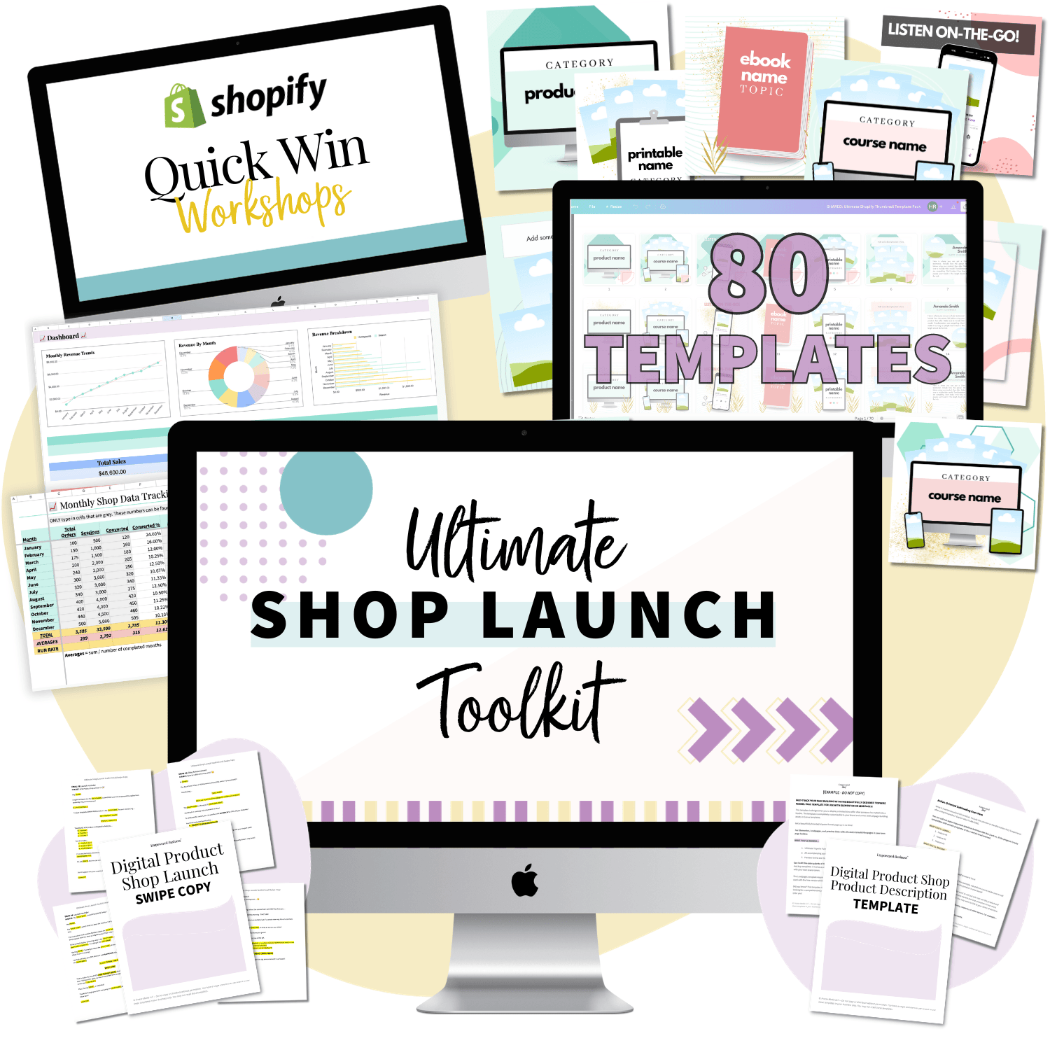 mockup of ultimate shop launch toolkit - launch your digital product shop with trainings and templates