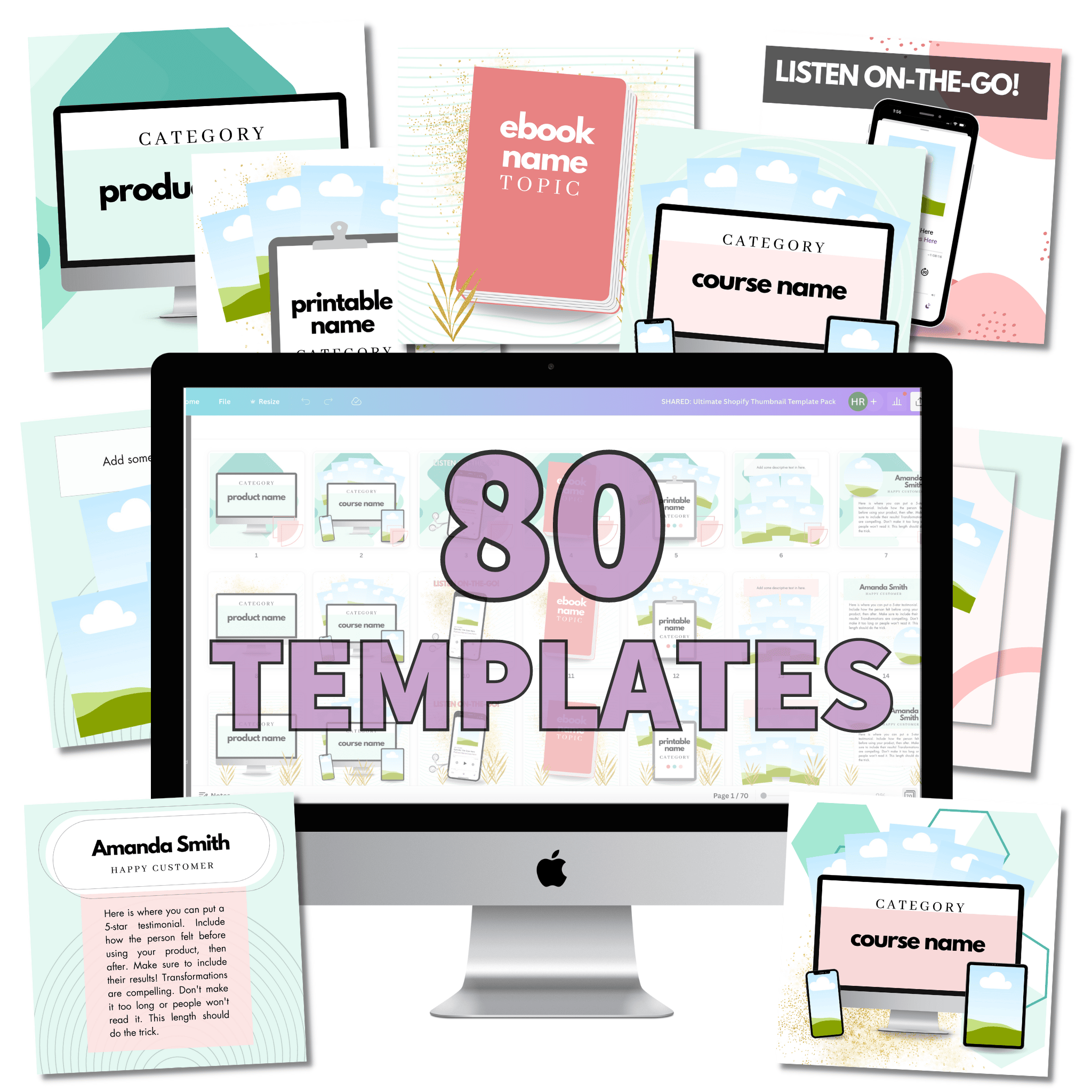 mockup of ultimate shop launch toolkit - 80 digital product shop thumbnail templates