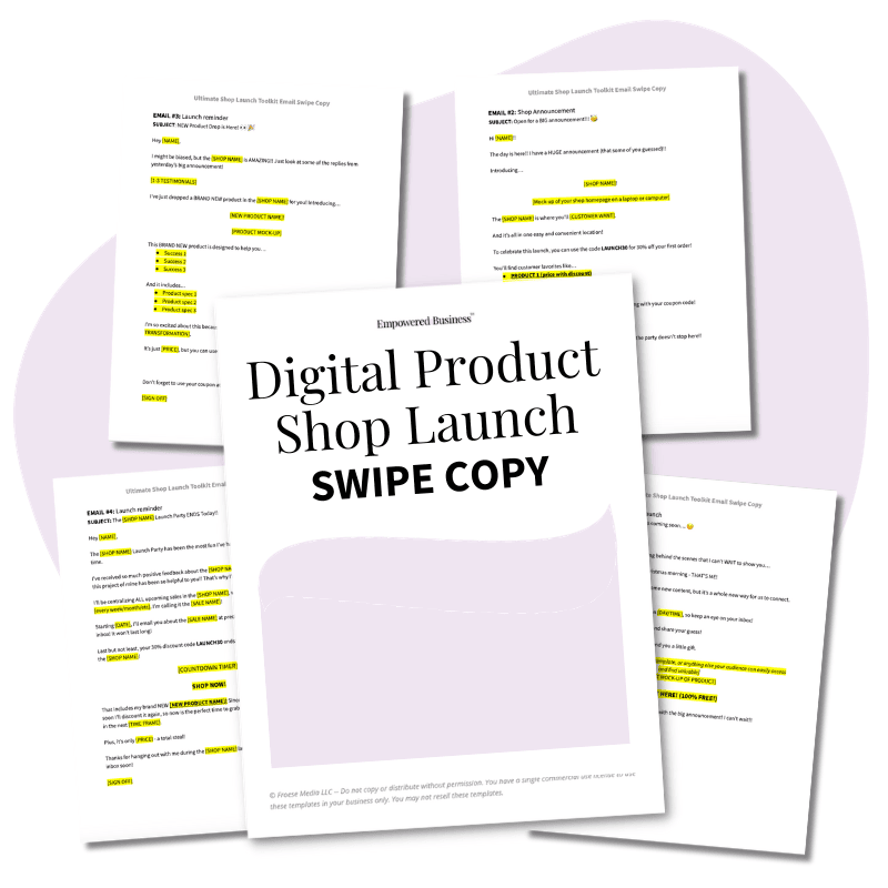 mockup of ultimate shop launch toolkit - digital product shop launch swipe copy