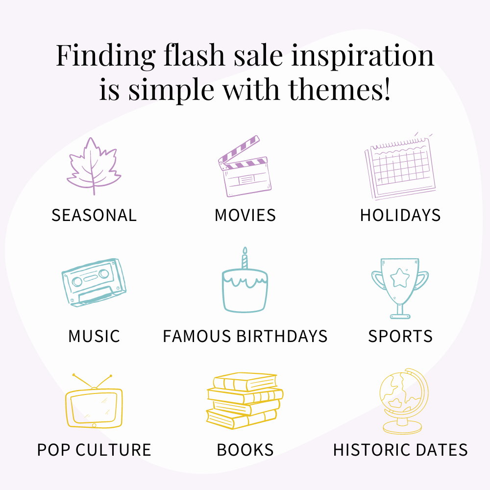 Finding flash sale inspiration is simple with themes! Seasonal, movies, holidays, music, famous birthdays, sports, pop culture, books, historic dates