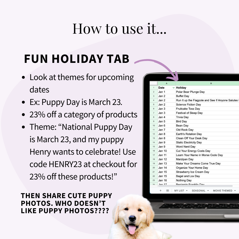 How to use Flash Sale Idea Bank Spreadsheet - idea using the fun holiday tab