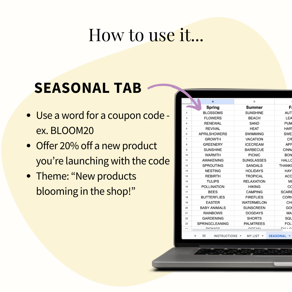How to use Flash Sale Idea Bank Spreadsheet - example with the Seasonal tab