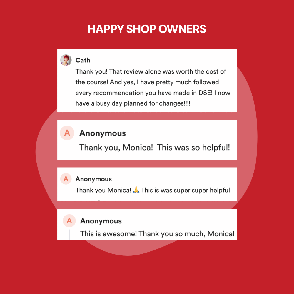 Reviews from happy shop owners on a red background