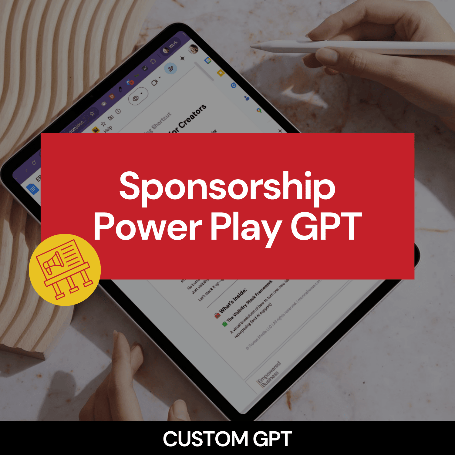 Tablet displaying a GPT platform with hands interacting, overlaid with 'Sponsorship Power Play GPT' text and logo.