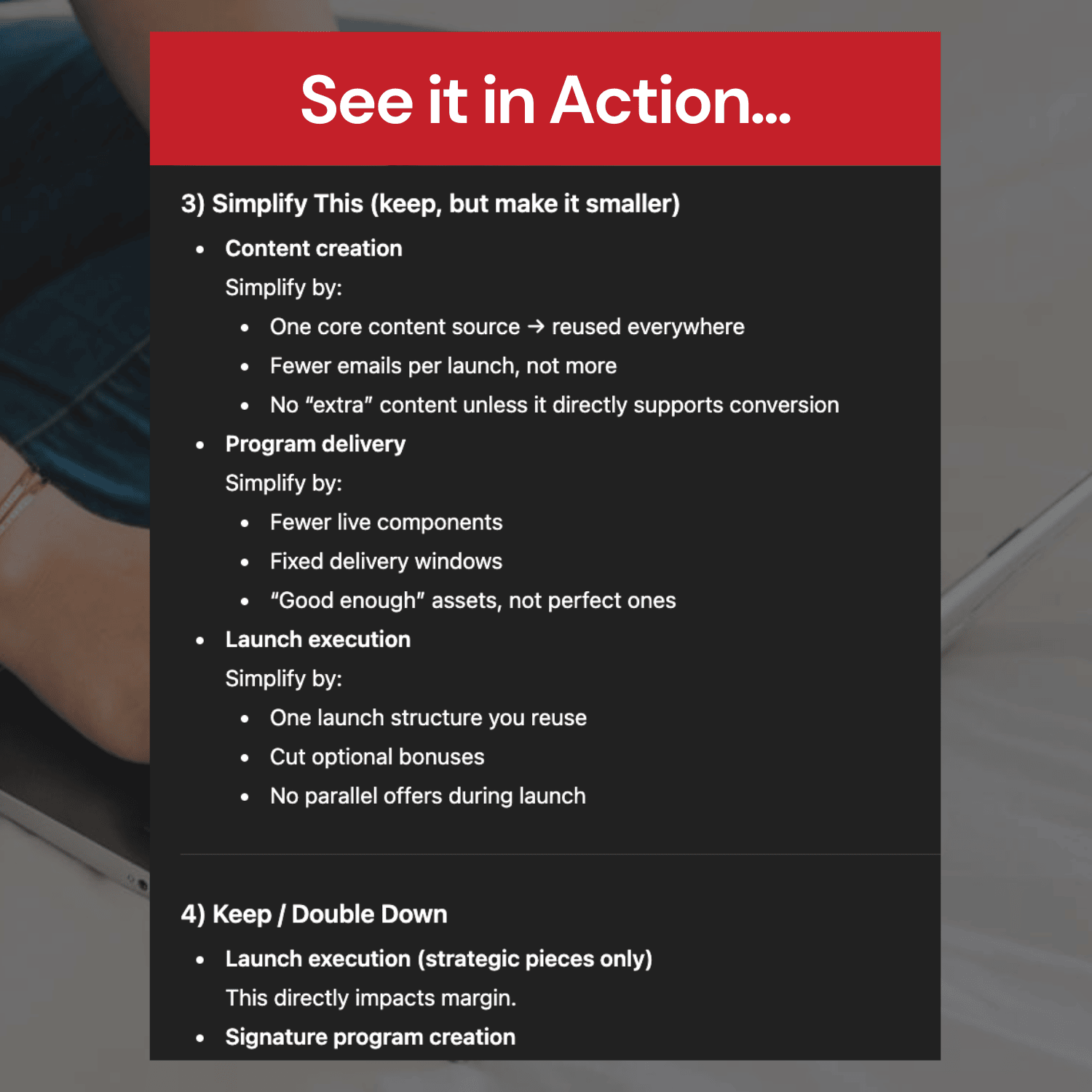 Text overlay on a blurred background with 'See it in Action' and steps for simplifying content creation and program delivery.
