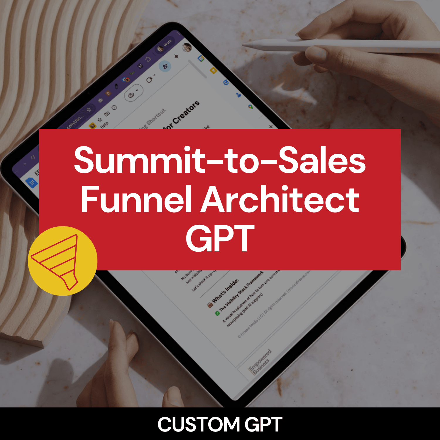 Tablet displaying a 'Summit-to-Sales Funnel Architect GPT' tool with a red banner and yellow funnel icon.