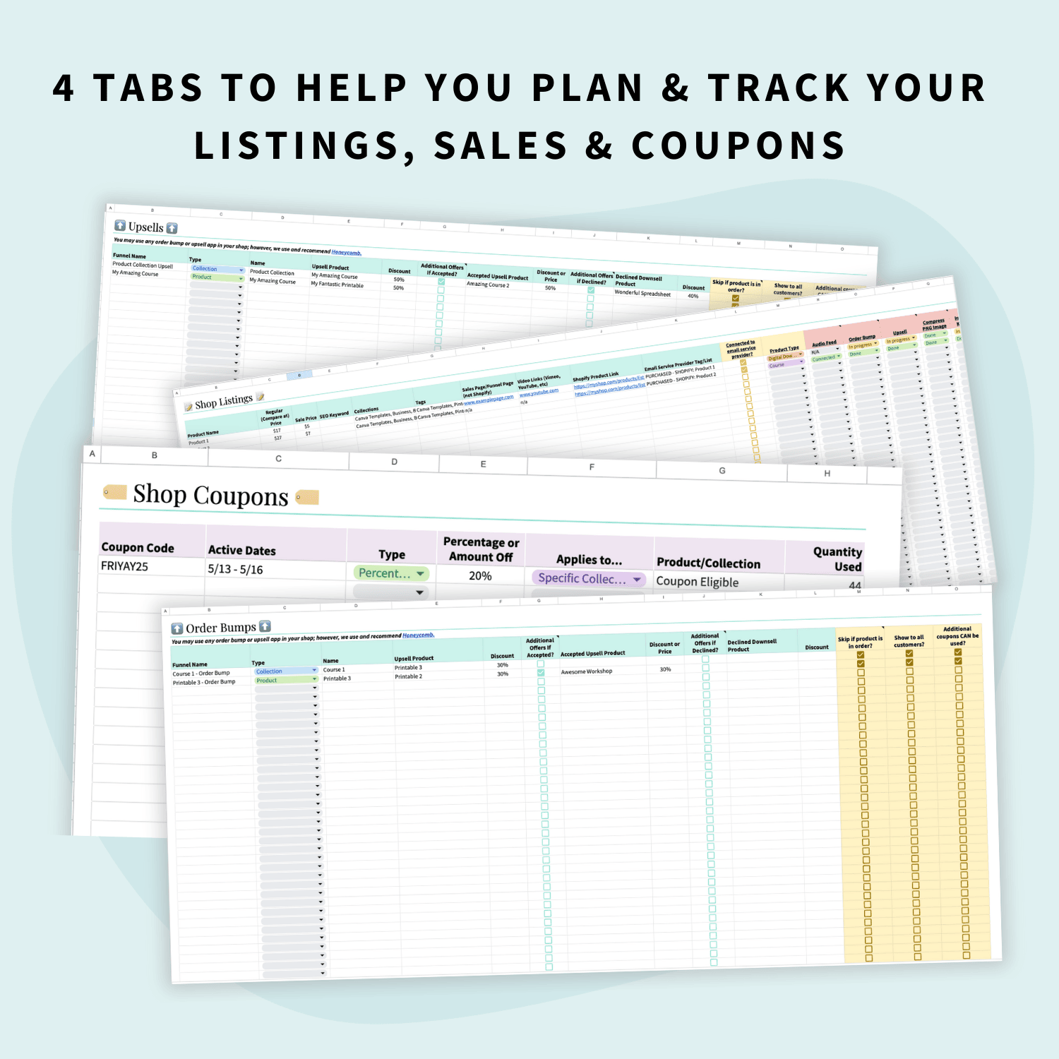 mockup of the 4 tabs for planning and tracking on the ultimate digital product e-commerce shop planner