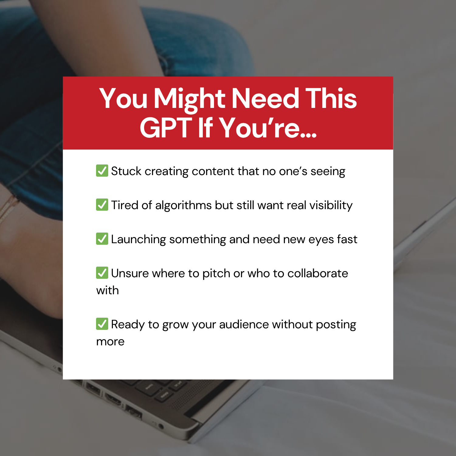 Text overlay on a blurred background with laptop and person sitting, promoting a GPT service.
