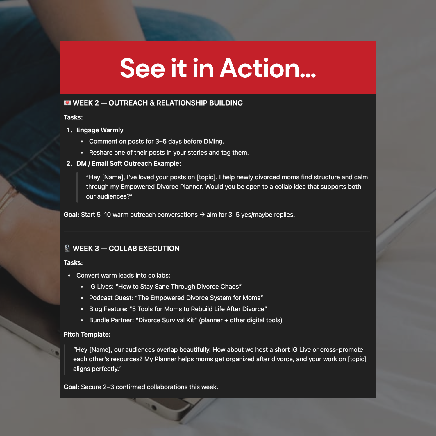 Instructions for outreach and relationship building with a red and black background