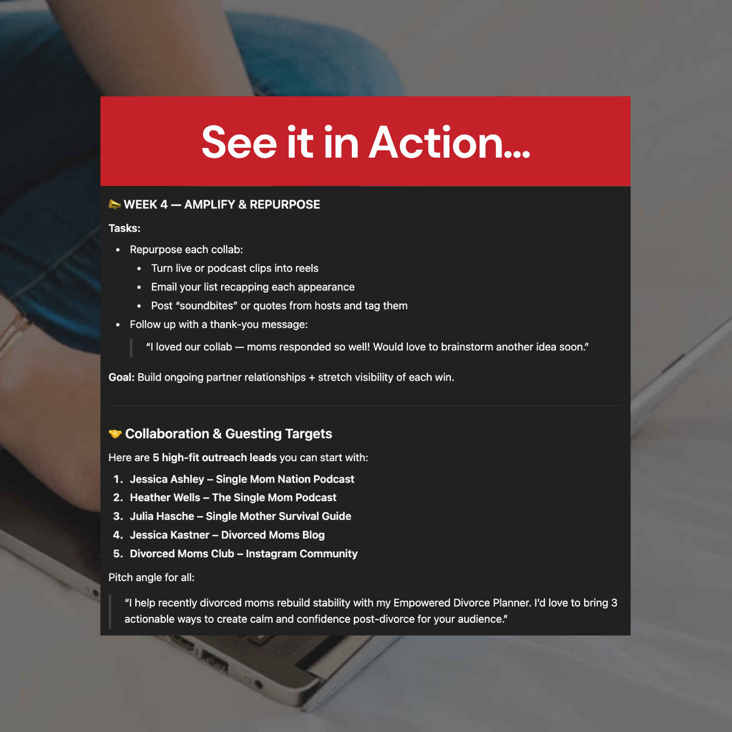 Promotional graphic with text about amplifying and repurposing content, featuring a laptop and person on a couch in the background.