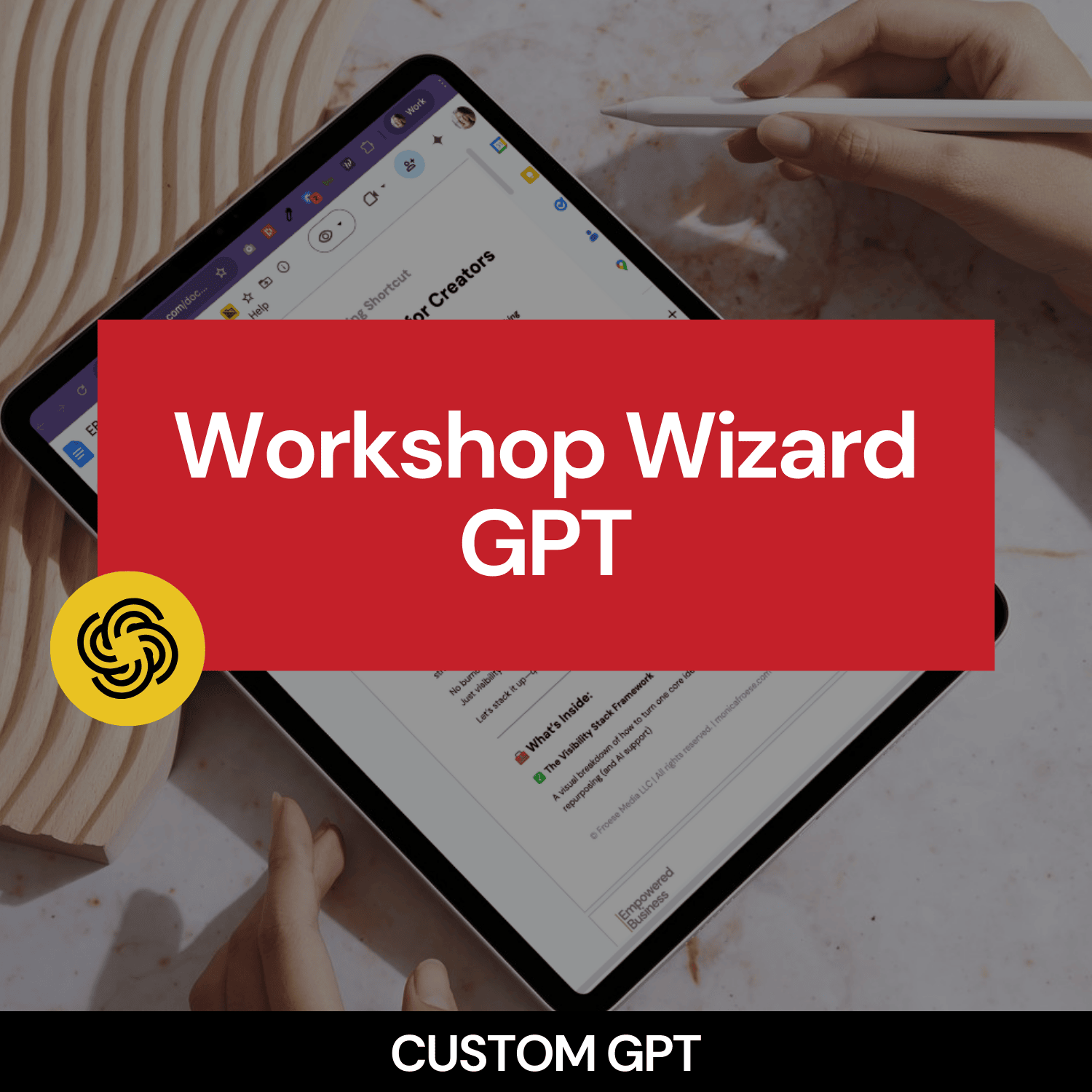 Tablet displaying 'Workshop Wizard GPT' with a red banner and yellow logo on a blurred background of hands working.