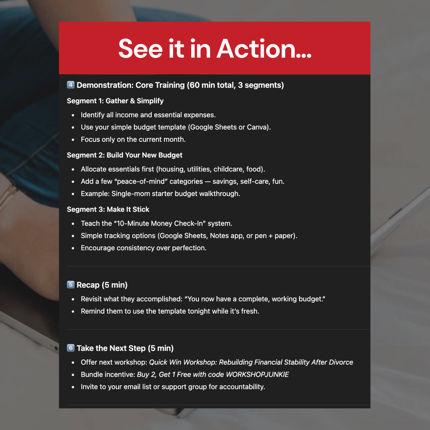 Outline of a budget workshop schedule with steps and goals.