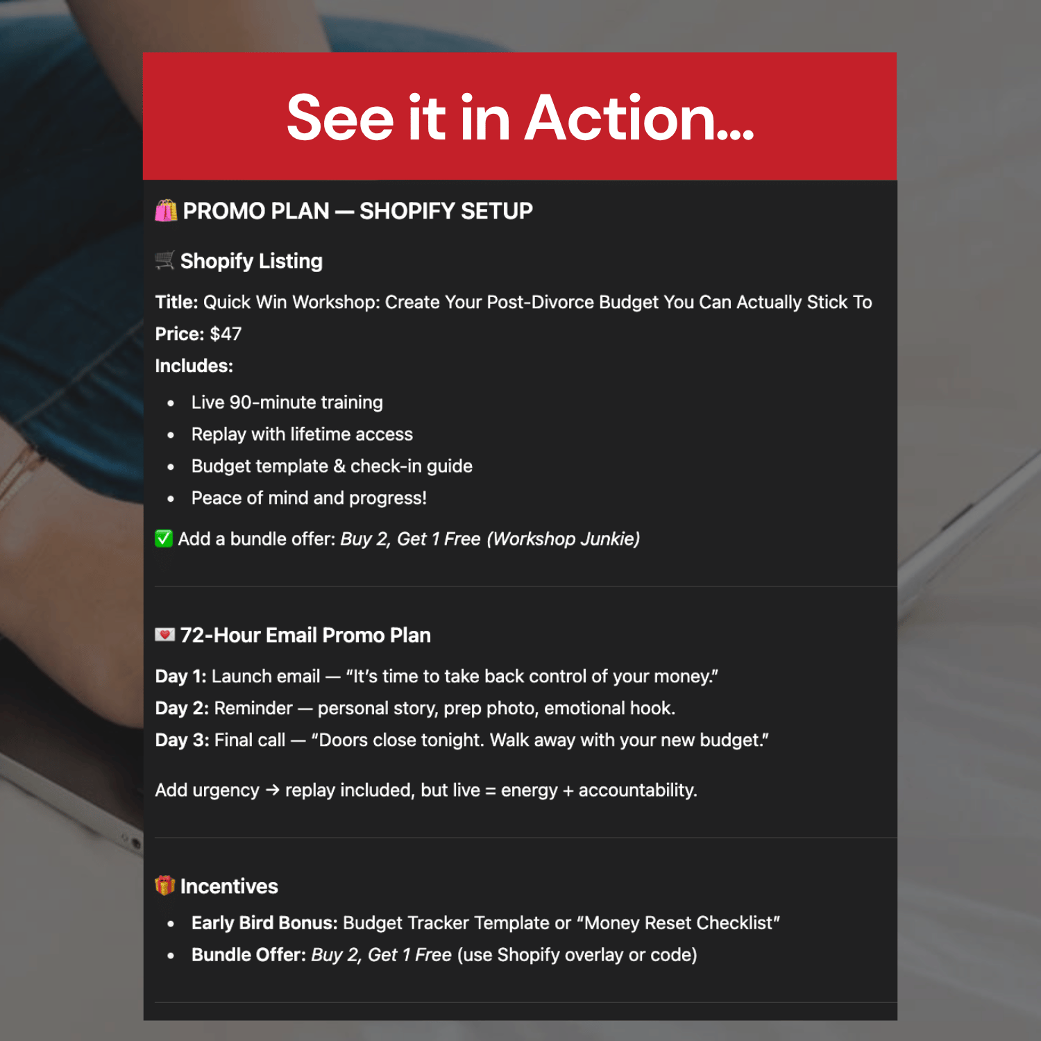 Promotional plan for Shopify setup with text and checkboxes on a dark background.