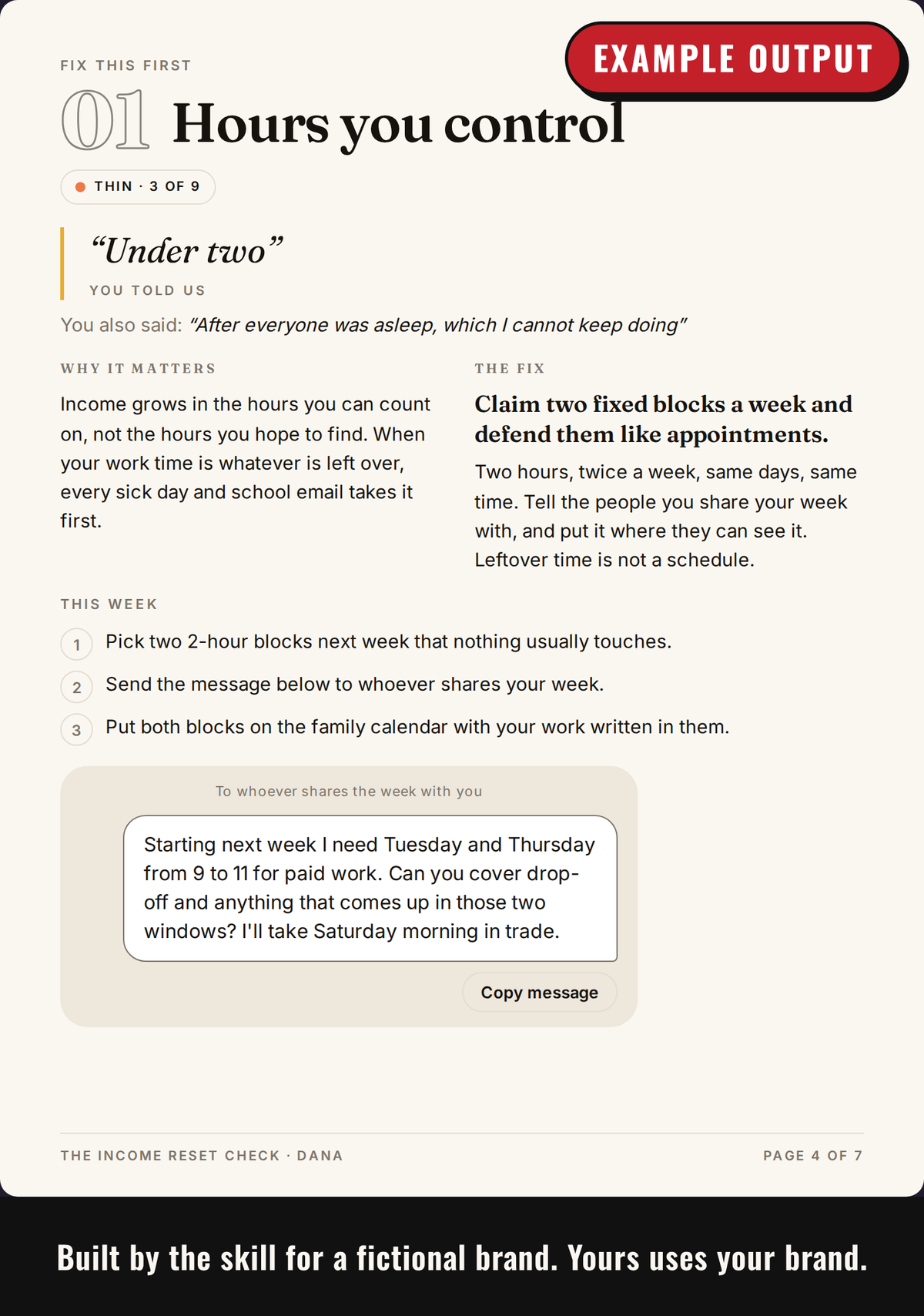 Example output: report page for a weak area, quoting the customer's answer with a fix and a ready-to-send message