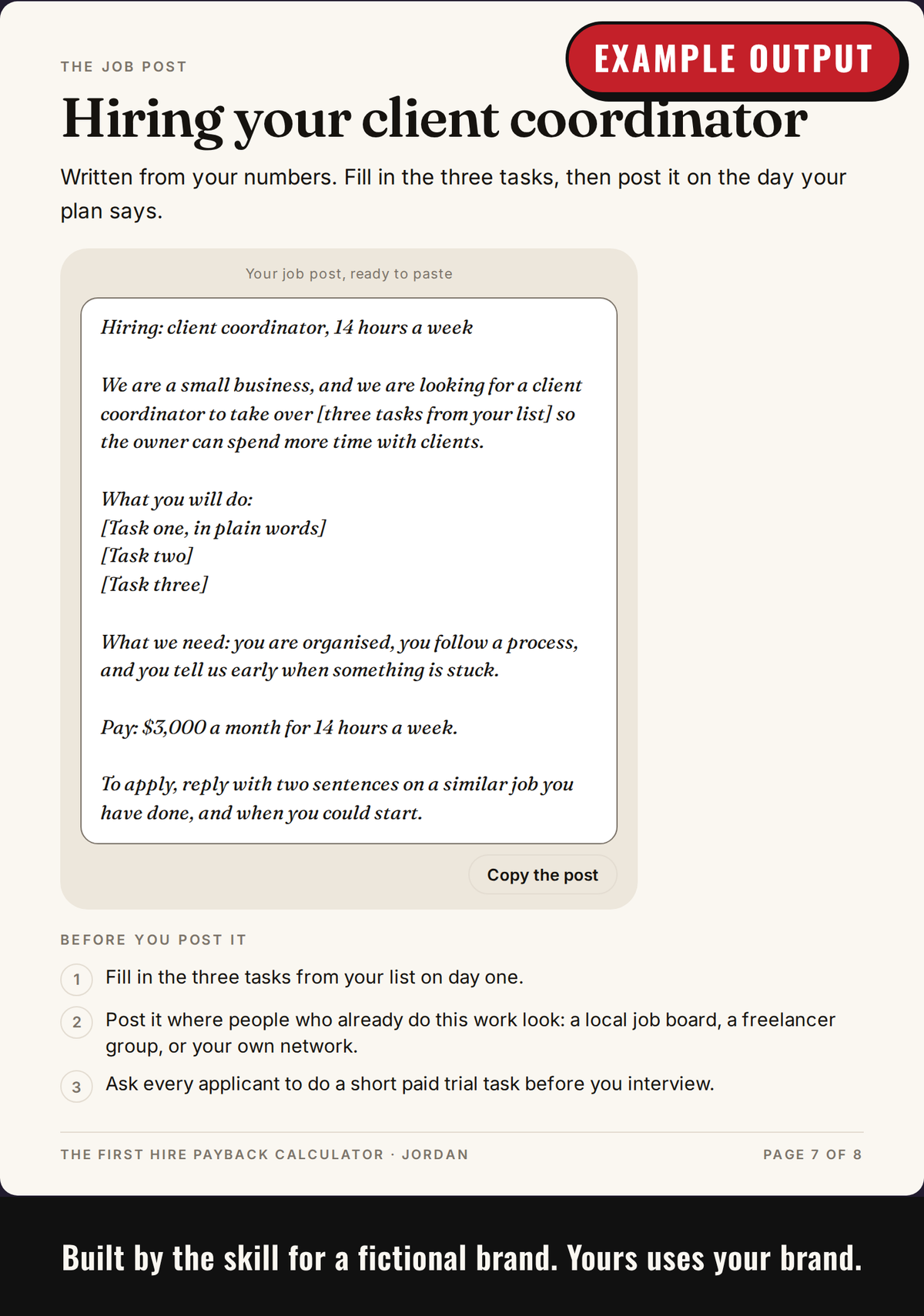 Example output: ready-to-use job post script built from the customer's own numbers
