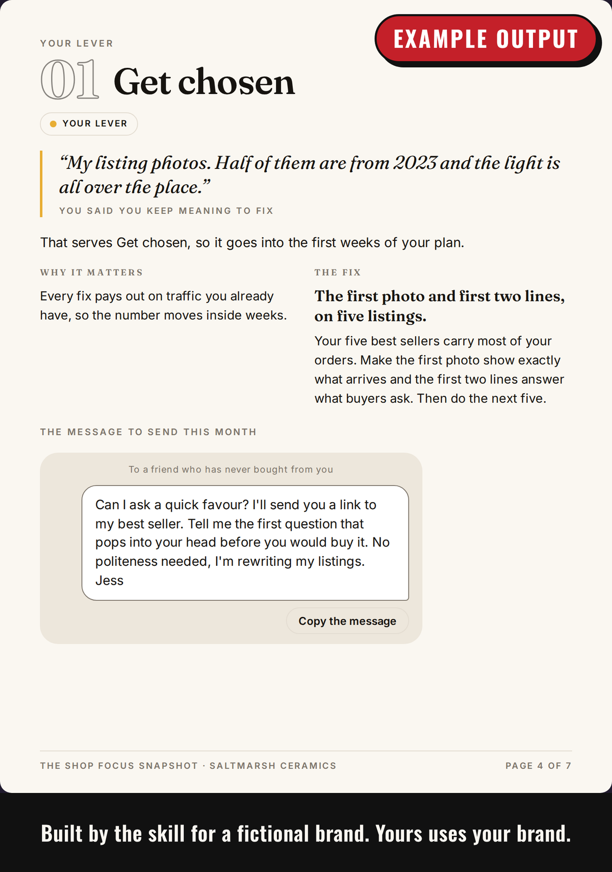 Example output: page for the customer's one lever, quoting what they said with the fix and a message to send