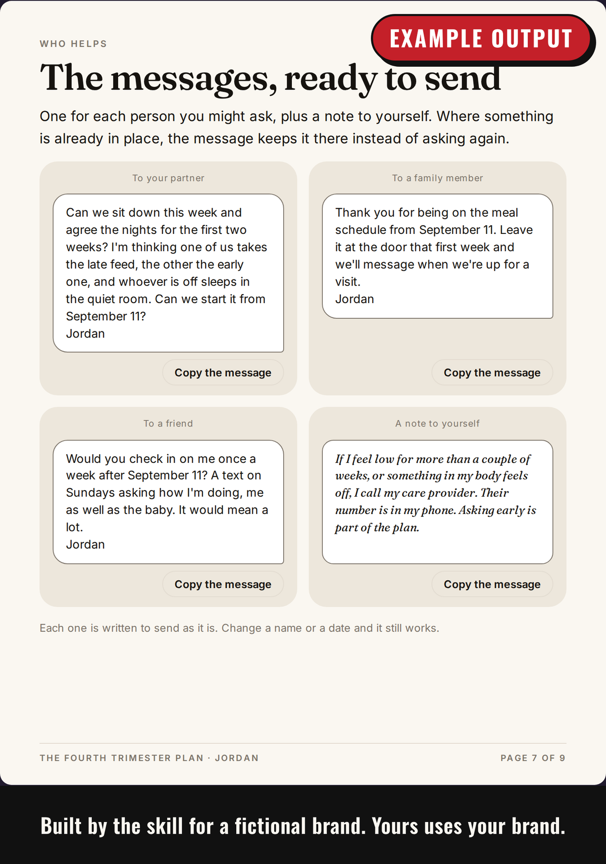 Example output: who-helps page with messages ready to copy and send