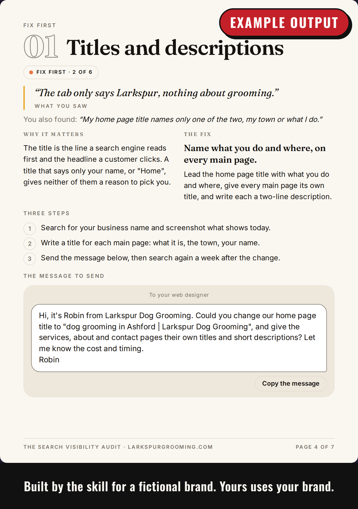 Example output: page for a weak section, quoting what the customer saw, with the fix, three steps and a message to send
