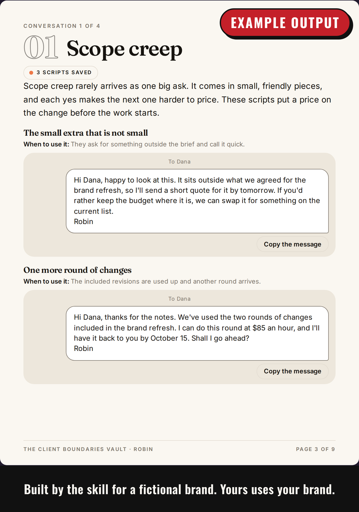 Example output: category page with saved scripts set out as messages ready to copy
