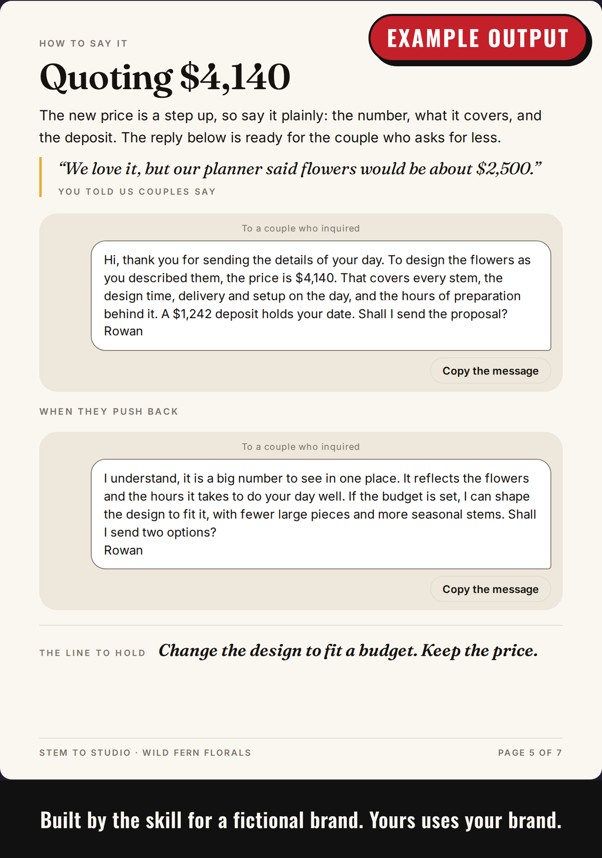 Example output: quoting page with the price as a message ready to send and a reply for pushback