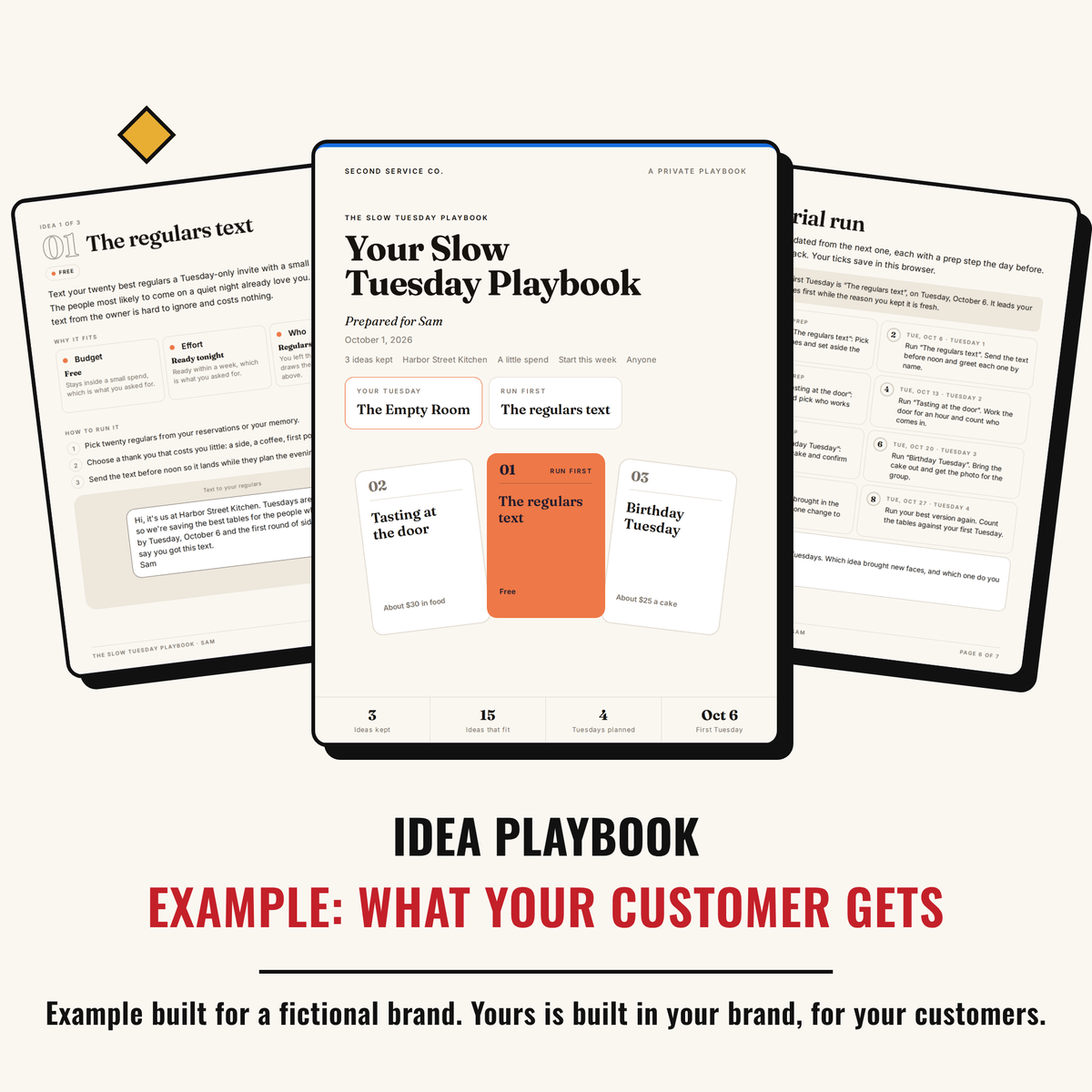 Example output: what your customer gets, a personal playbook built for a fictional brand