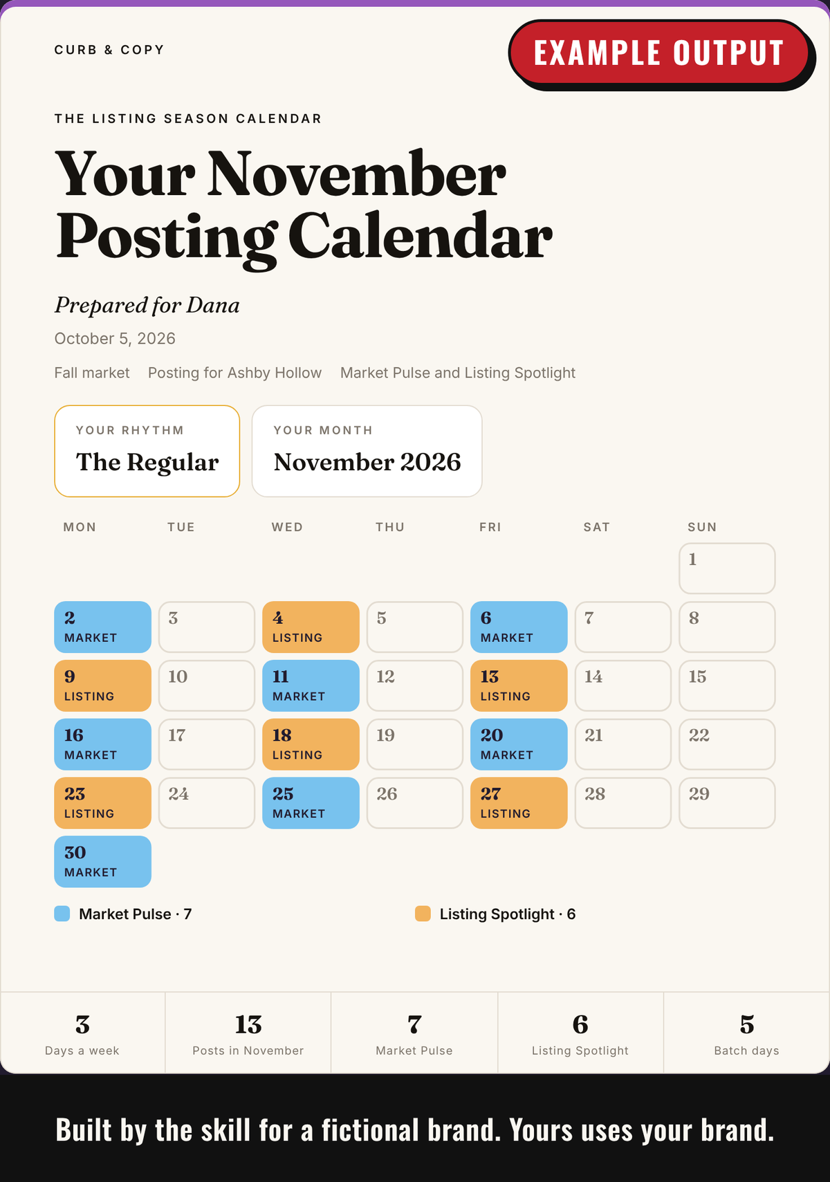 Example output: calendar cover with the customer's name and their month as a grid of colored day chips