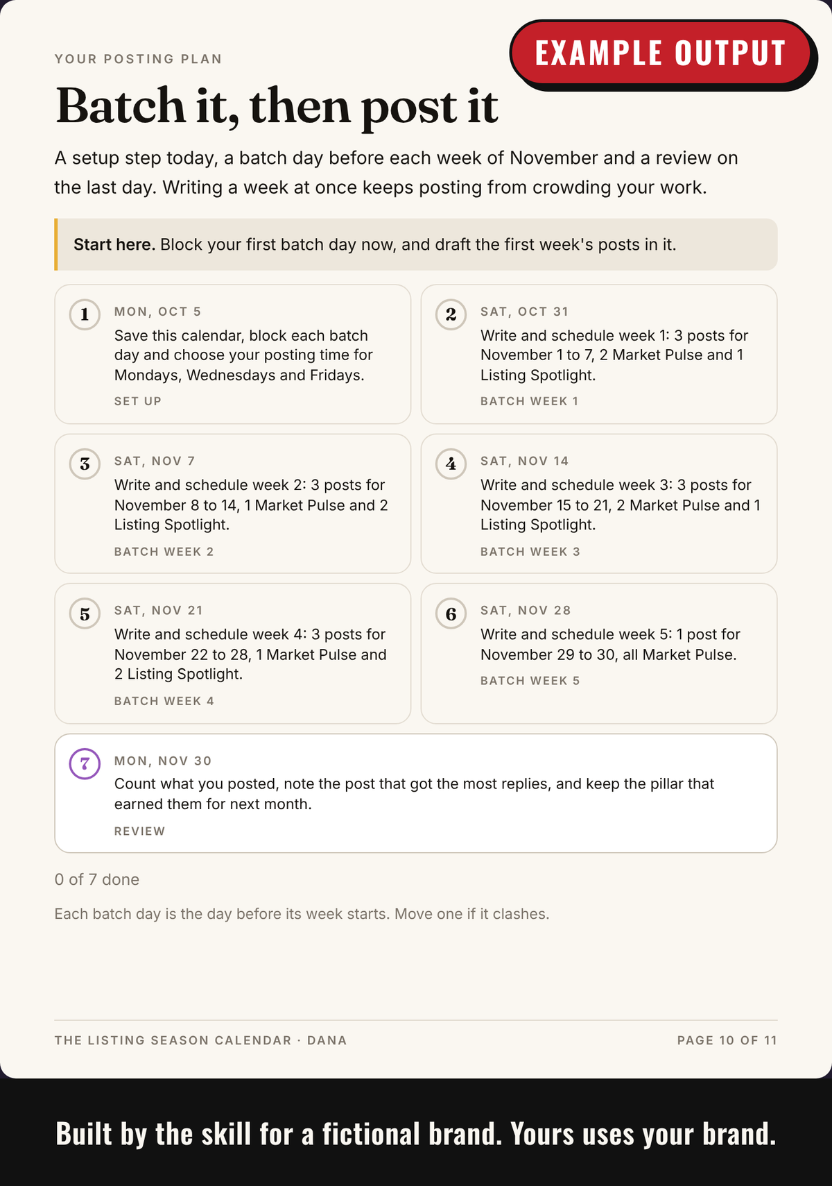 Example output: batch plan with a dated batch day before each week and a review at month end