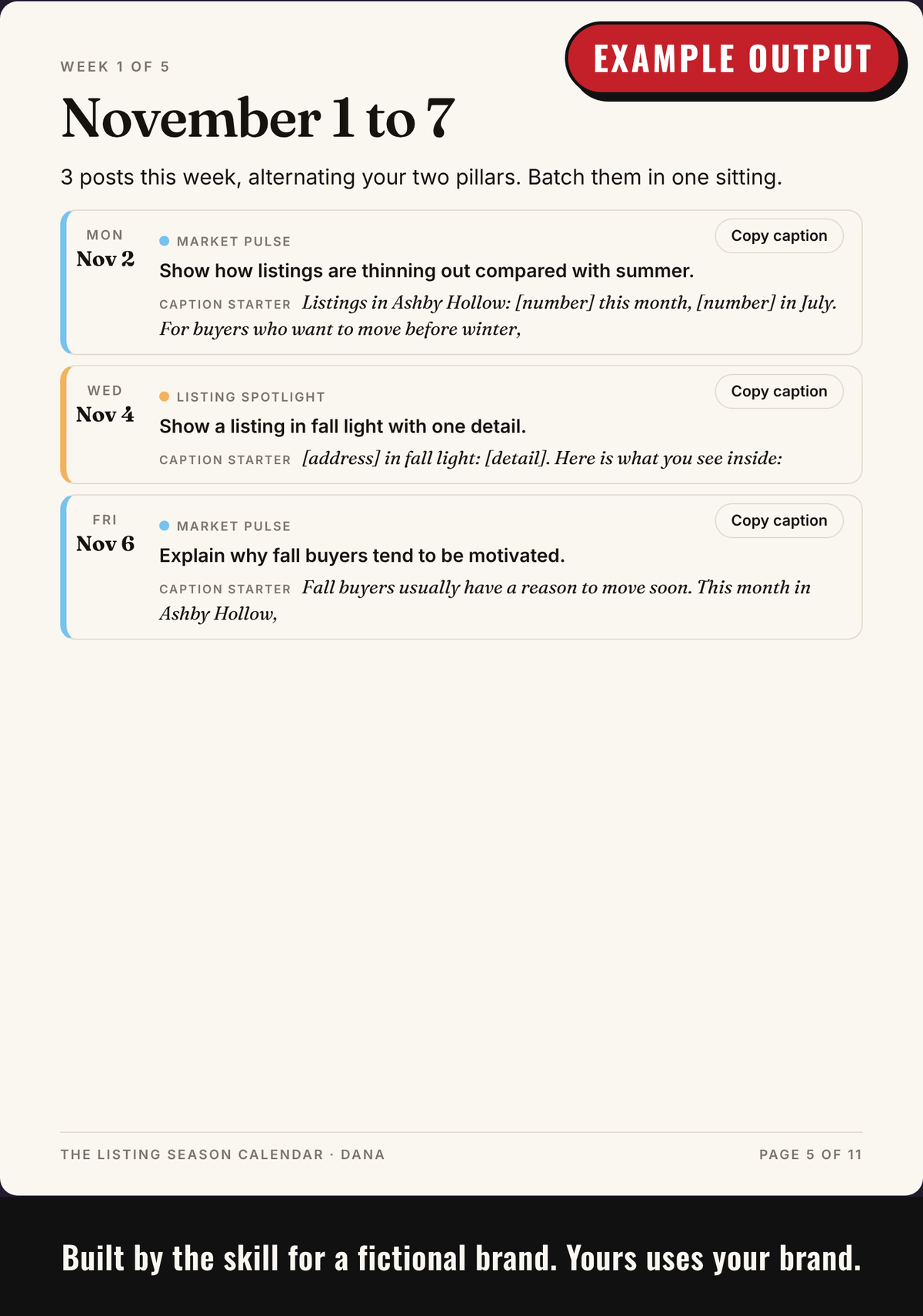 Example output: a week written out, each post dated with its prompt and caption starter