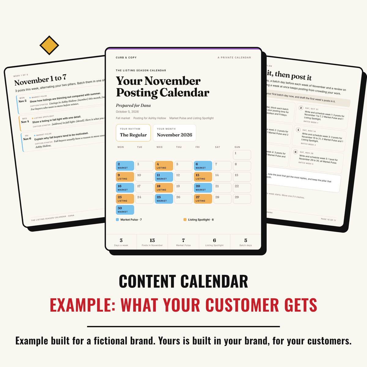 Example output: what your customer gets, a personal posting calendar built for a fictional brand