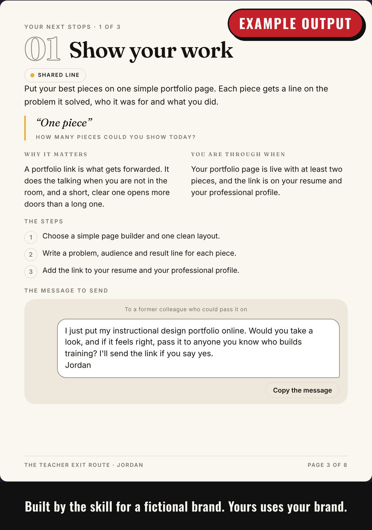 Example output: next-stop page quoting the customer's answer, with the steps and a message ready to send