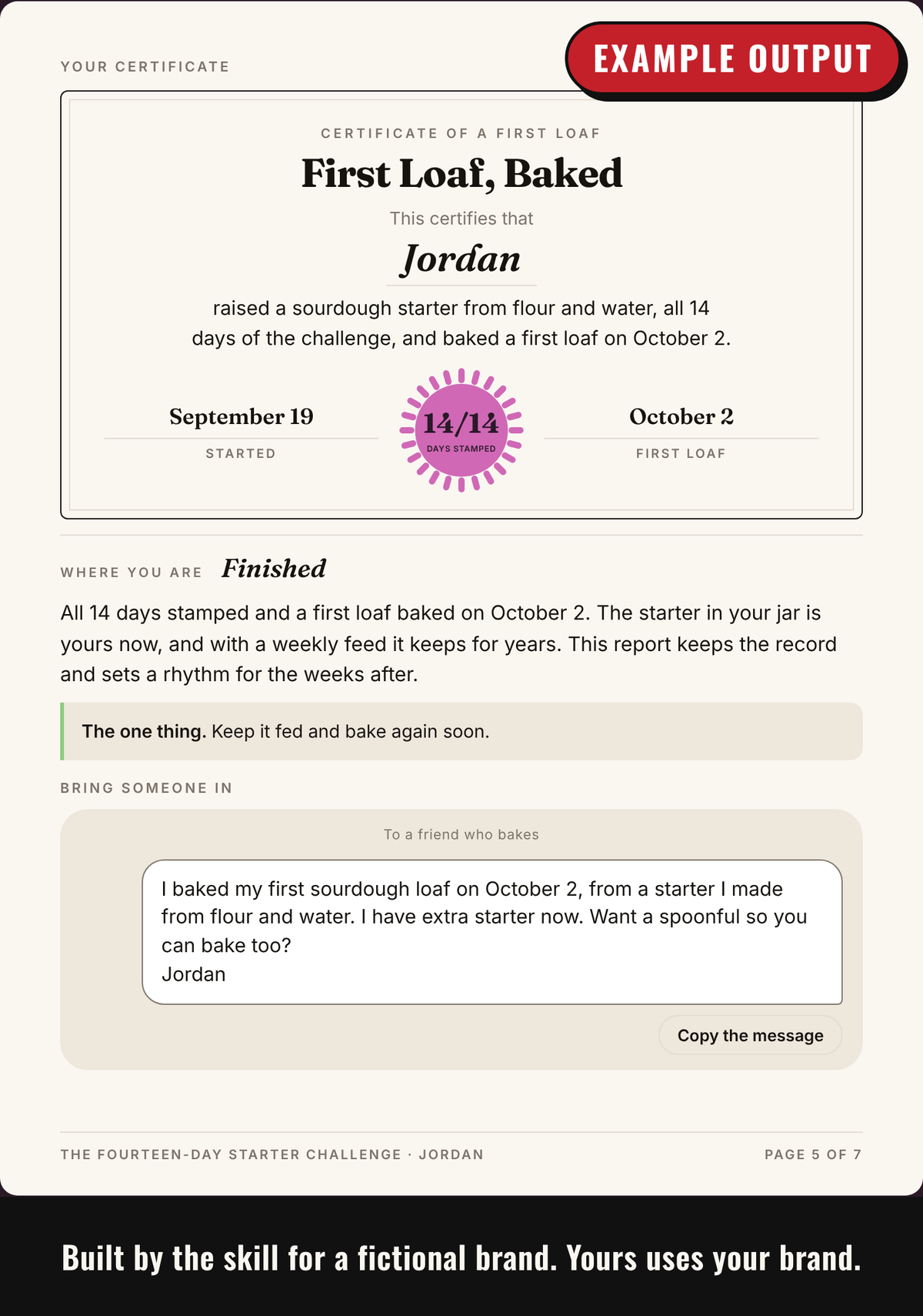 Example output: finish certificate with the customer's name, start and finish dates and a message to a friend