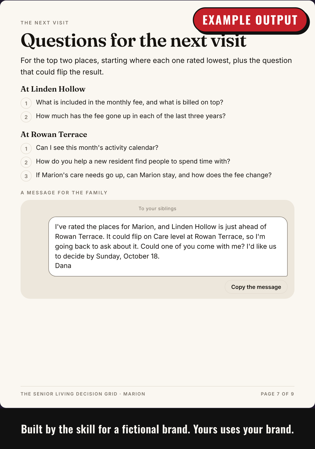 Example output: questions for the next visit and a message to the family ready to copy