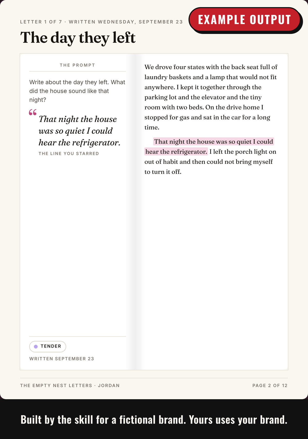 Example output: a dated entry set as a book spread, with the starred line as the pull quote