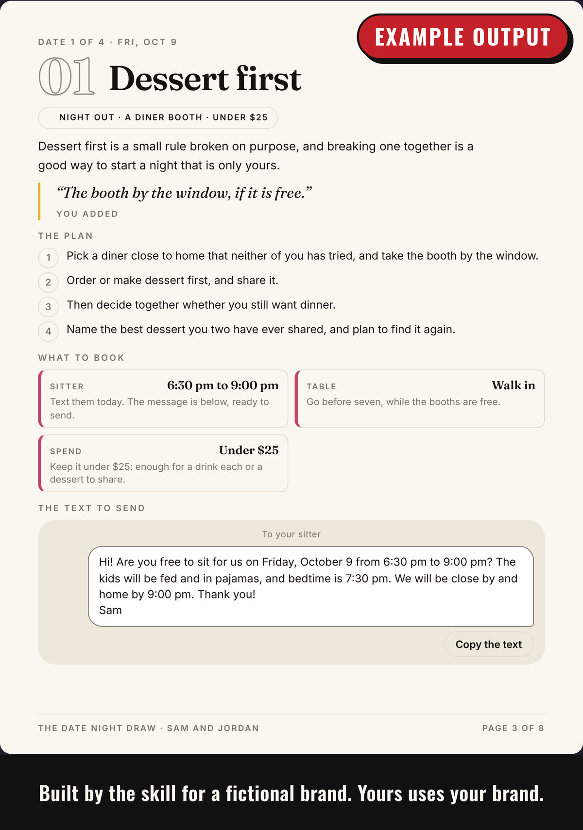 Example output: a page for one saved date with the steps, what to book and a text ready to send