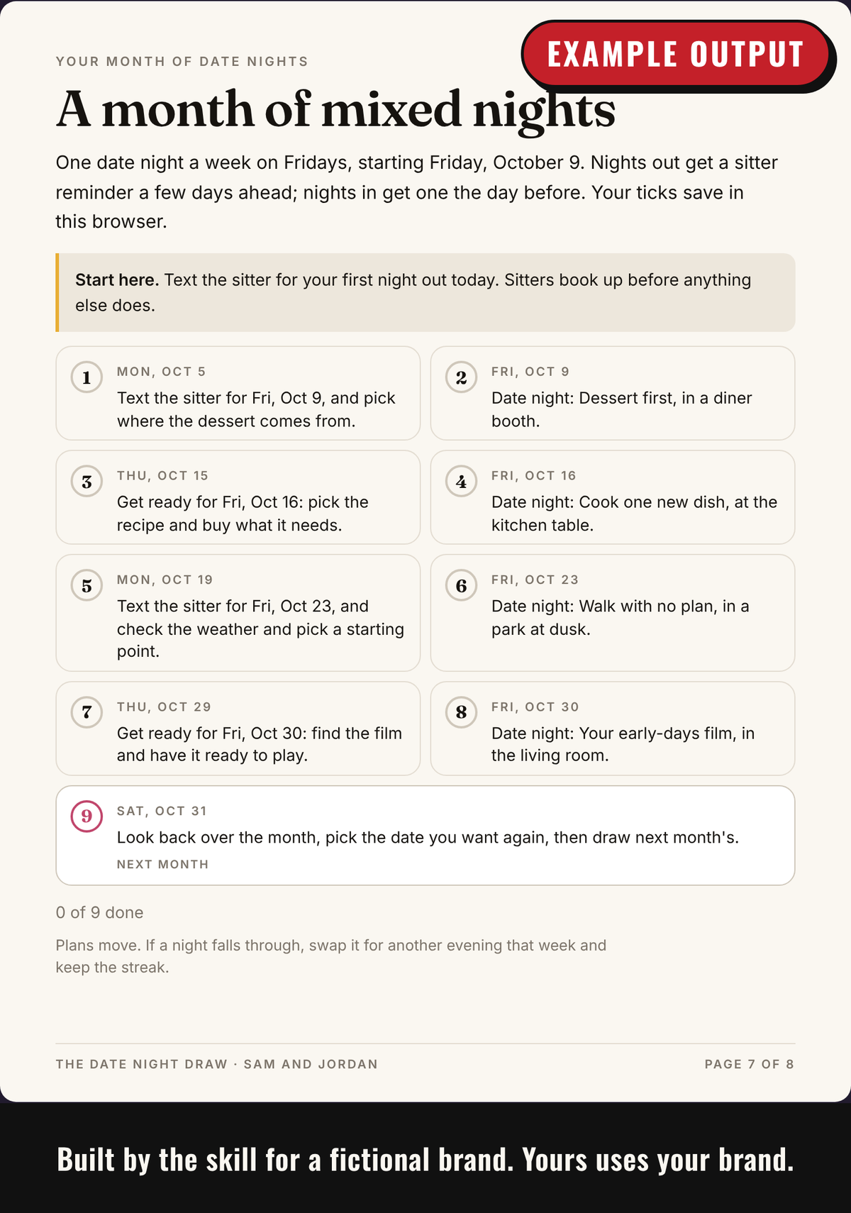 Example output: a month of dated nights with a reminder before each, ticked off as they go