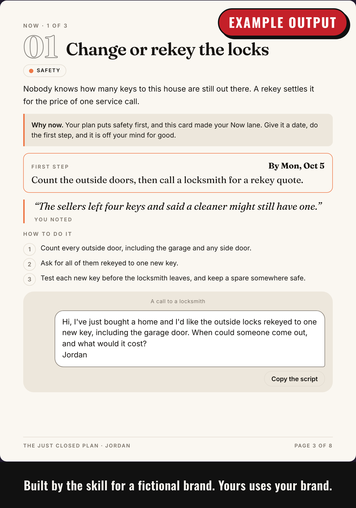 Example output: a page for one Now task with the first step, a date and a script to copy