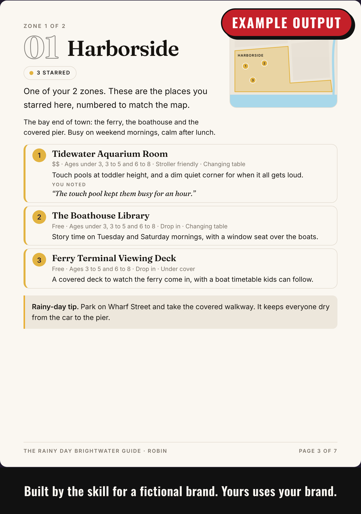 Example output: a page for one zone with each starred place, its details and the customer's notes