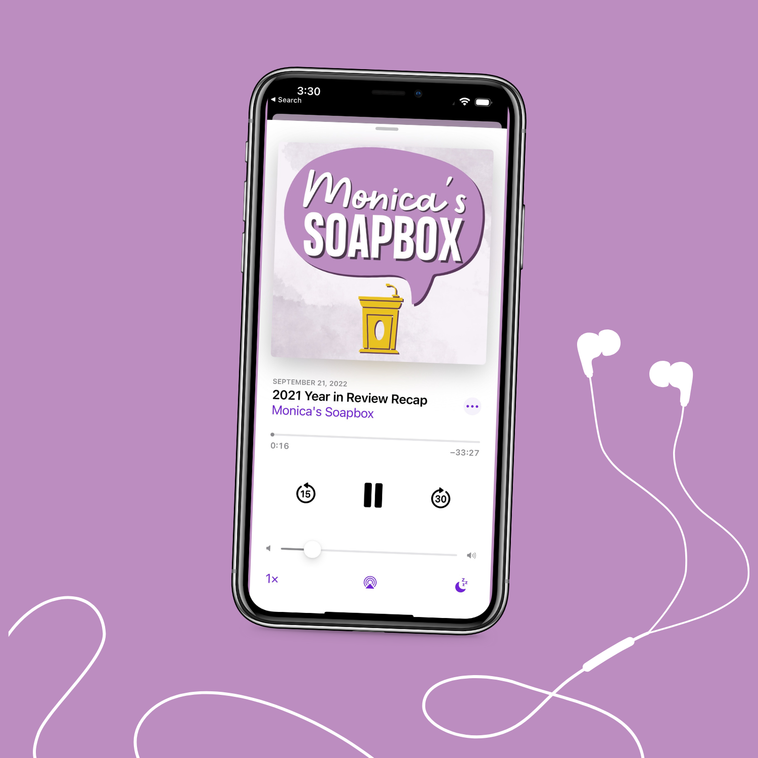 iphone mockup with monica's sopabox private podcast feed and headphones