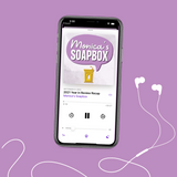 iphone mockup with monica's sopabox private podcast feed and headphones